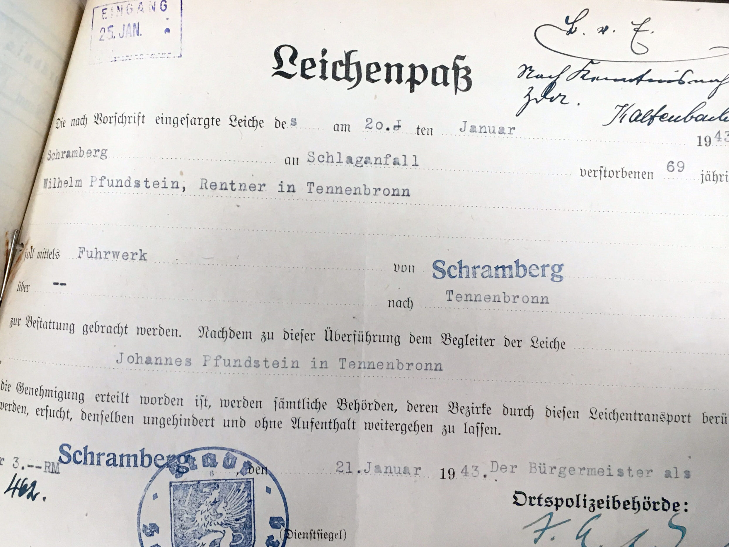 1943 Leichenpass Überführung Schramberg Fuhrwerk