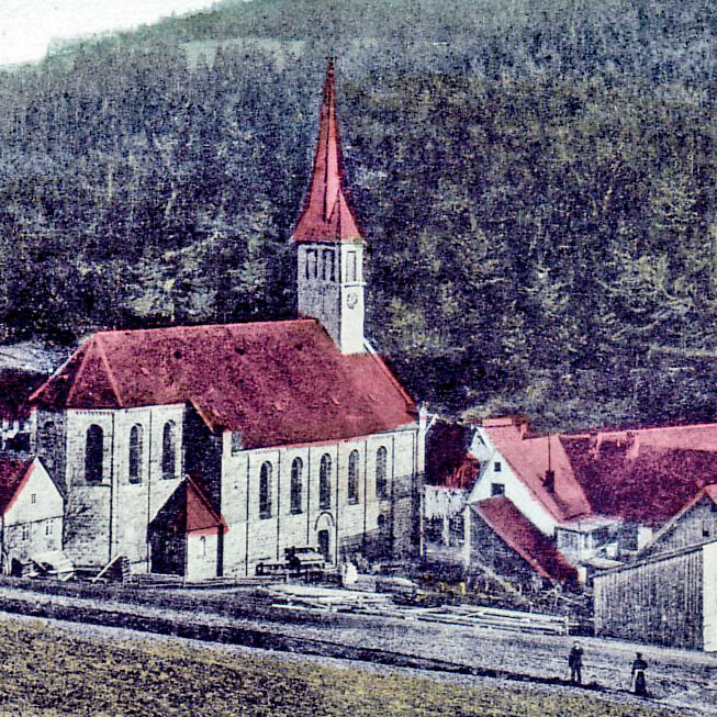 1910 KathKirche HaeuserDrumherum Kopie