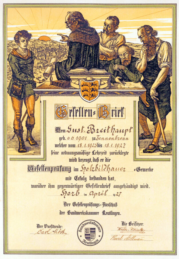 1927 Gesellenbrief Holzbildhauer Gustav Breithaupt kl