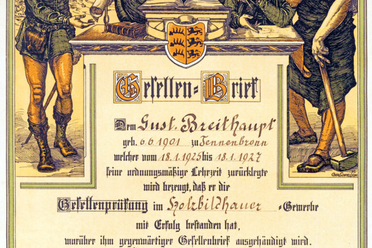 1927 Gesellenbrief Holzbildhauer Gustav Breithaupt kl