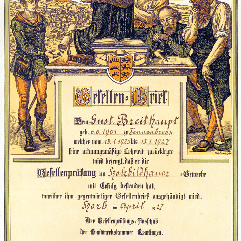 1927 Gesellenbrief Holzbildhauer Gustav Breithaupt kl
